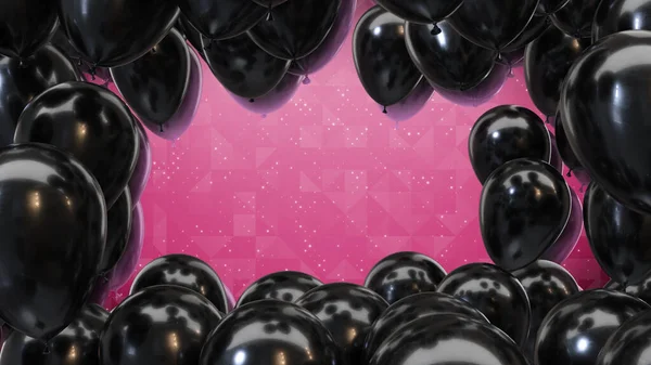 3D vykreslení rám černých balónů na růžovém pozadí — Stock fotografie
