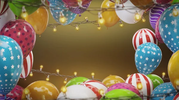 3d render Marco de globos de colores con bombillas colgando de un alambre —  Fotos de Stock