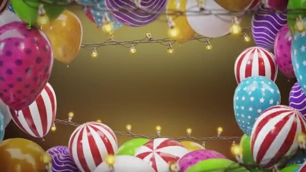 3D-Render Rahmen aus bunten Luftballons mit Glühbirnen, die an einem Draht hängen — Stockvideo