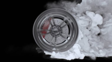 3D render Siyah arka planda dumanla sürüklenen tekerlekler