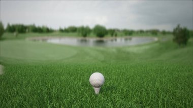 Saha kenarında golf sopası olan 3 boyutlu bir golf topu.