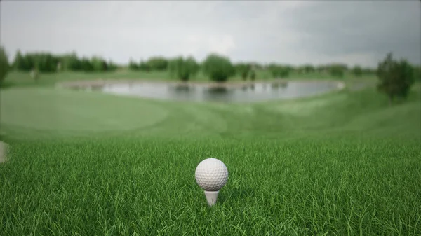 3d renderizar bola de golfe com um clube no campo vista lateral — Fotografia de Stock