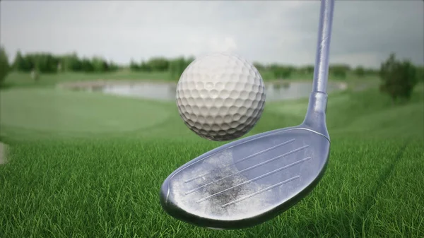 3d render bater uma bola de golfe com um clube no campo vista lateral — Fotografia de Stock