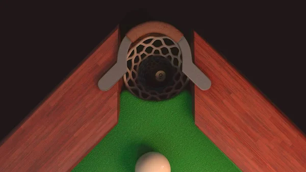 3D Render Billardtisch von oben Schlag auf eine schwarze Kugel 8 es fliegt in das Loch — Stockfoto