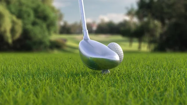 3D bir golf topuna saha kenarında sopayla vurmak. — Stok fotoğraf