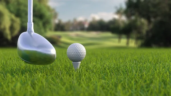 3d render bater uma bola de golfe com um clube no campo vista lateral — Fotografia de Stock