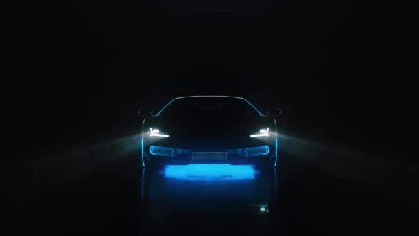 Sports car with neon lights turns on the ignition in the dark and goes to the camera — Αρχείο Βίντεο