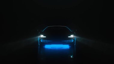 Neon ışıklı 3D rendelenmiş spor araba siyah arka planda kameraya gidiyor
