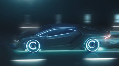 3D render Sports siber-neon araba neon ışıklarıyla gece yoluna fırlıyor.