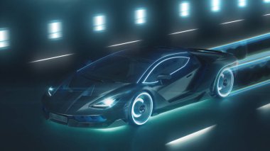 3D render Sports siber-neon araba neon ışıklarıyla gece yoluna fırlıyor.