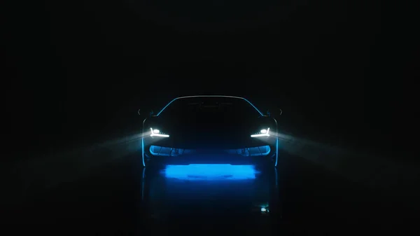 3d render sports car with neon lights goes to the camera on a black background — Stock Photo, Image