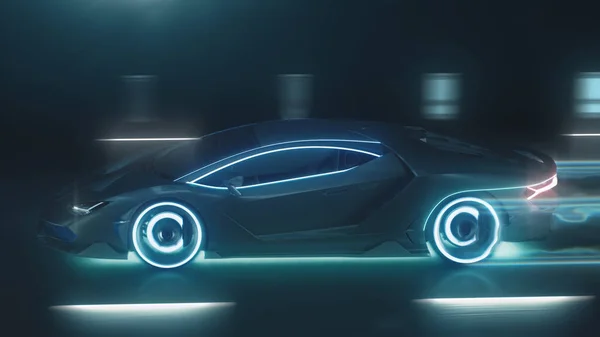 3d renderowania Sport cyber neon samochód pędzi na nocnej drodze z neonów świateł — Zdjęcie stockowe