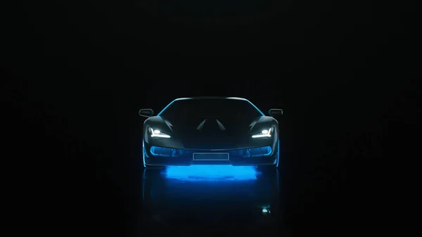 3d render sports car with neon lights goes to the camera on a black background — Stock Photo, Image