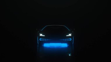Neon ışıklı 3D rendelenmiş spor araba siyah arka planda kameraya gidiyor