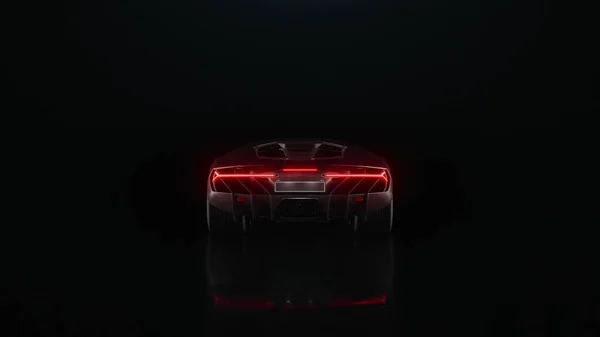 3D-Rendering-Sportwagen fährt auf schwarzem Hintergrund in die Ferne — Stockfoto