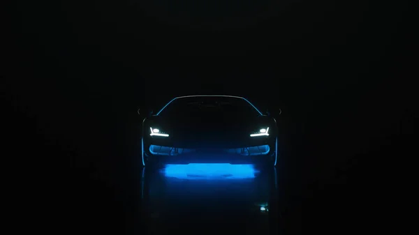 3d render sports car with neon lights goes to the camera on a black background — Stock Photo, Image