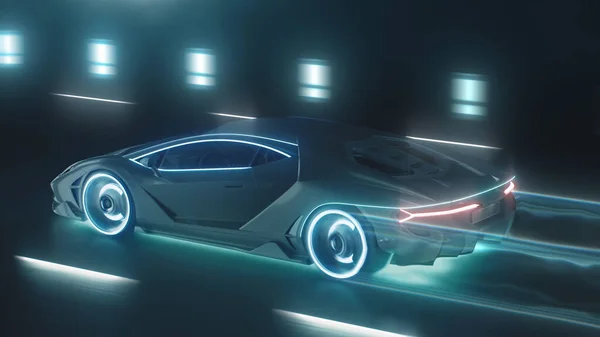 3D render Sports siber-neon araba neon ışıklarıyla gece yoluna fırlıyor.