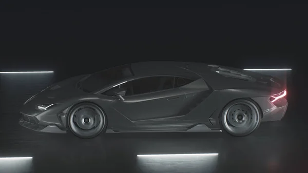 3D render Bir spor araba neon ışıkları olan bir yolda hızla sürer — Stok fotoğraf