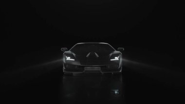 Işıklı 3D render spor araba siyah arka planda kameraya gider
