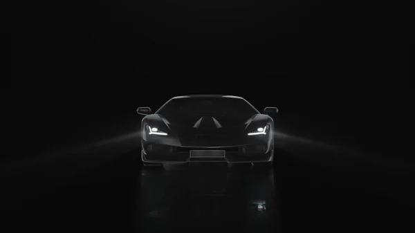 3d render sports car with lights goes to the camera on a black background — Stock Photo, Image