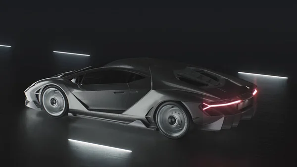 3D render Bir spor araba neon ışıkları olan bir yolda hızla sürer — Stok fotoğraf