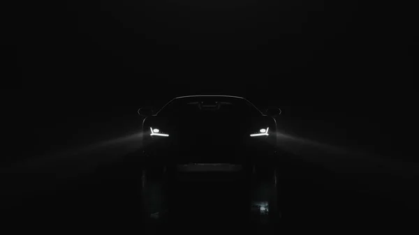 3D renderowania sportowego samochodu ze światłami idzie do kamery na czarnym tle — Zdjęcie stockowe