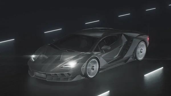 3Dレンダリングネオンライトと道路上の速度でスポーツカーのドライブ — ストック写真