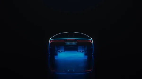 3D візуалізація спортивного автомобіля з неоновими вогнями відводиться на відстань на чорному тлі — стокове фото