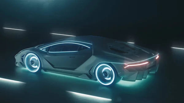 3d render esportes carro neon cibernético corre na estrada da noite com luzes de néon — Fotografia de Stock