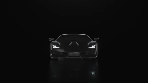 3d render sports car with lights goes to the camera on a black background — Stock Photo, Image