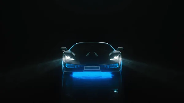 Neon ışıklı 3D rendelenmiş spor araba siyah arka planda kameraya gidiyor