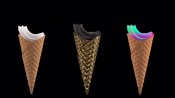 3 cream with waffle cone filling animation with alpha channel — Stock Video