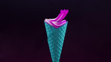 Koyu arkaplanda pembe turkuaz dondurma külahı canlandırması