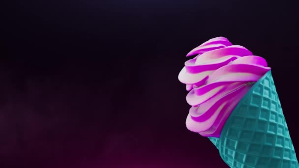 Pink turquoise ice cream waffle cone filling animation on a dark background — Stock Video