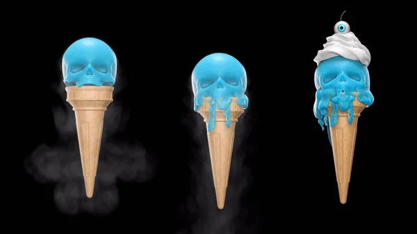 3d render Derretimiento de helado en forma de cráneo sobre un fondo negro — Foto de Stock