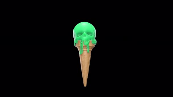 Helado de fusión verde en forma de cráneo con canal alfa — Vídeos de Stock