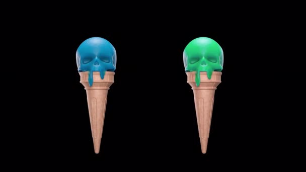 Helado de fusión verde y azul en forma de cráneo con canal alfa — Vídeos de Stock