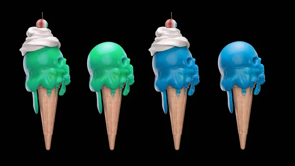 3Dレンダリング黒の背景に頭蓋骨の形で緑と青の氷のクリームを溶かす — ストック写真