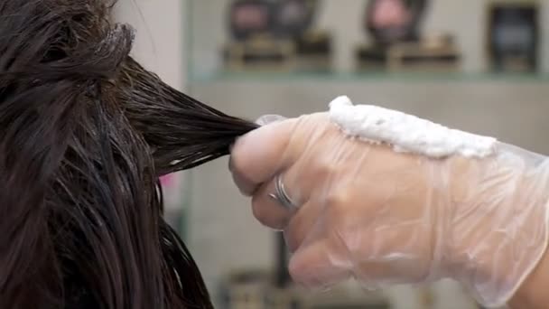 Toepassing kleurstof op de donkere vrouw haargroei close-up — Stockvideo
