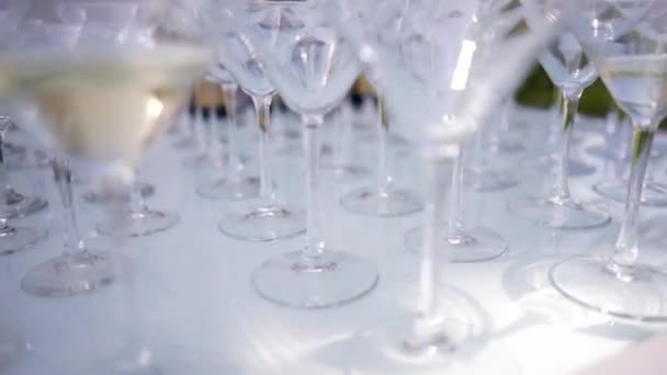 Many glasses of champagne on the table covered with a white table cloth — Stock Video