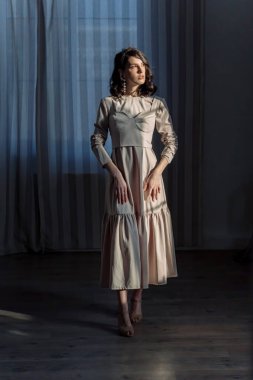 Güzel bir esmerin stüdyo portresi, güzel bir profil fotoğrafı. Kahverengi gözler, genç ve narin.