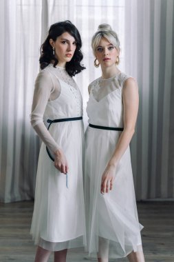 Stüdyo resimleri sarışınlar ve esmerler. Hafif tasarımcı elbiseleri giymişti. Sarışın, elleriyle bir elbise tutuyor..