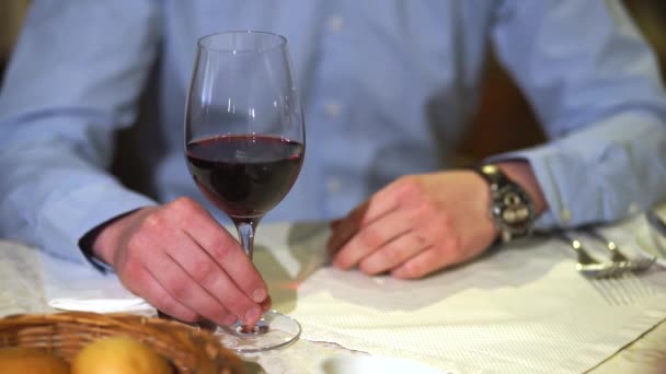 Hombre sosteniendo una copa de vino en la mano — Vídeos de Stock