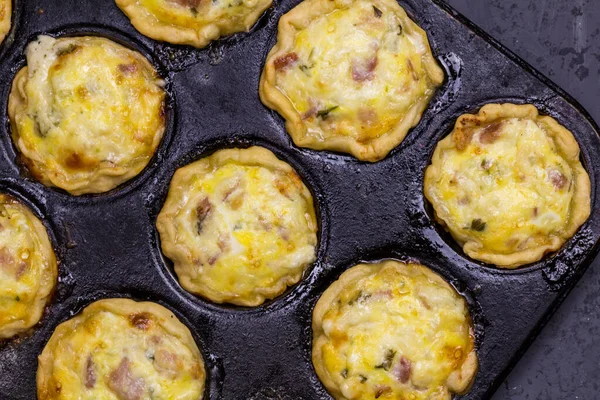 Mini Quiches Bacon Egg Cheese Parsley Baking Tin Savoury Tartlets — Stock Photo, Image