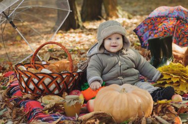 Gülümseyen bebek sonbahar Park'ta oturuyor.