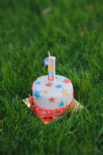 Cupcake üzerinde bir numara doğum günü mumla yıldız yeşil çimenlerin üzerinde