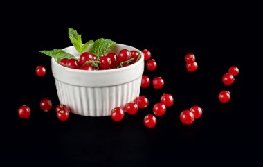 siyah arka plan üzerine sulu kırmızı kuş üzümü