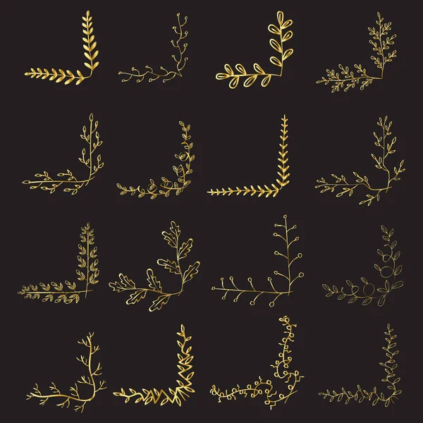 Dekorativní Zlaté Rohy Nastaveny Různé Rohy Listů — Stockový vektor