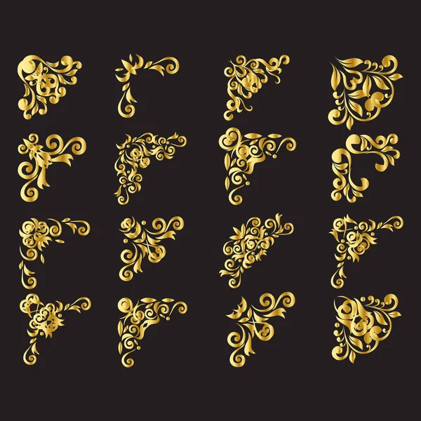 Conjuntos Decorativos Esquinas Oro Diversa Decoración Simétrica Plana — Archivo Imágenes Vectoriales