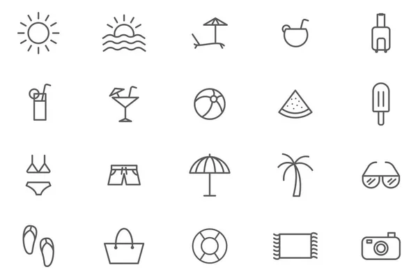 Conjunto Iconos Vacaciones Verano Ilustraciones Línea Delgada Vectorial Con Objetos — Vector de stock